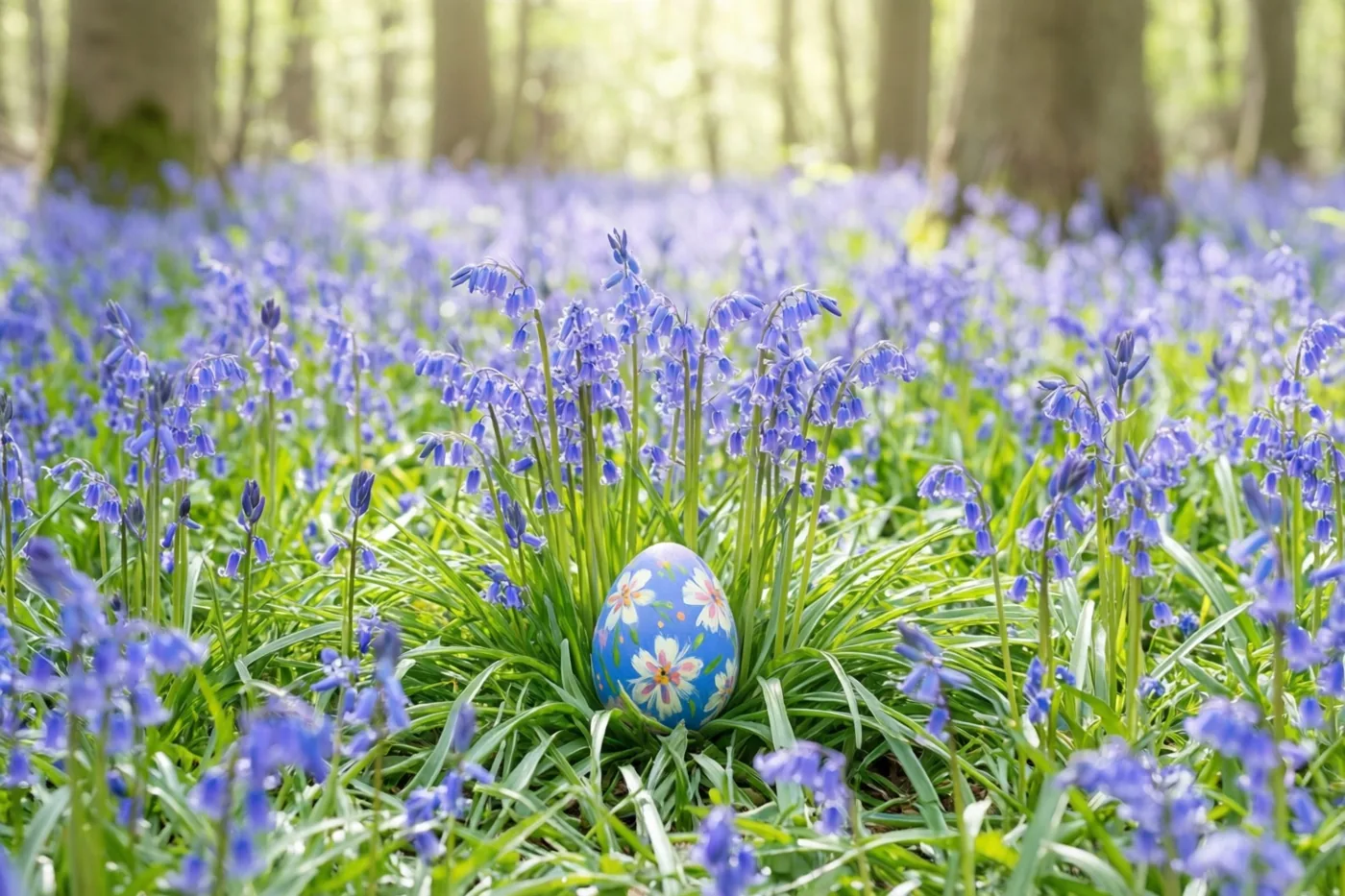 Een paasei met geschilderde bloemmotieven ligt tussen blauwe boshyacinten in een lentebos waar de zon schijnt.