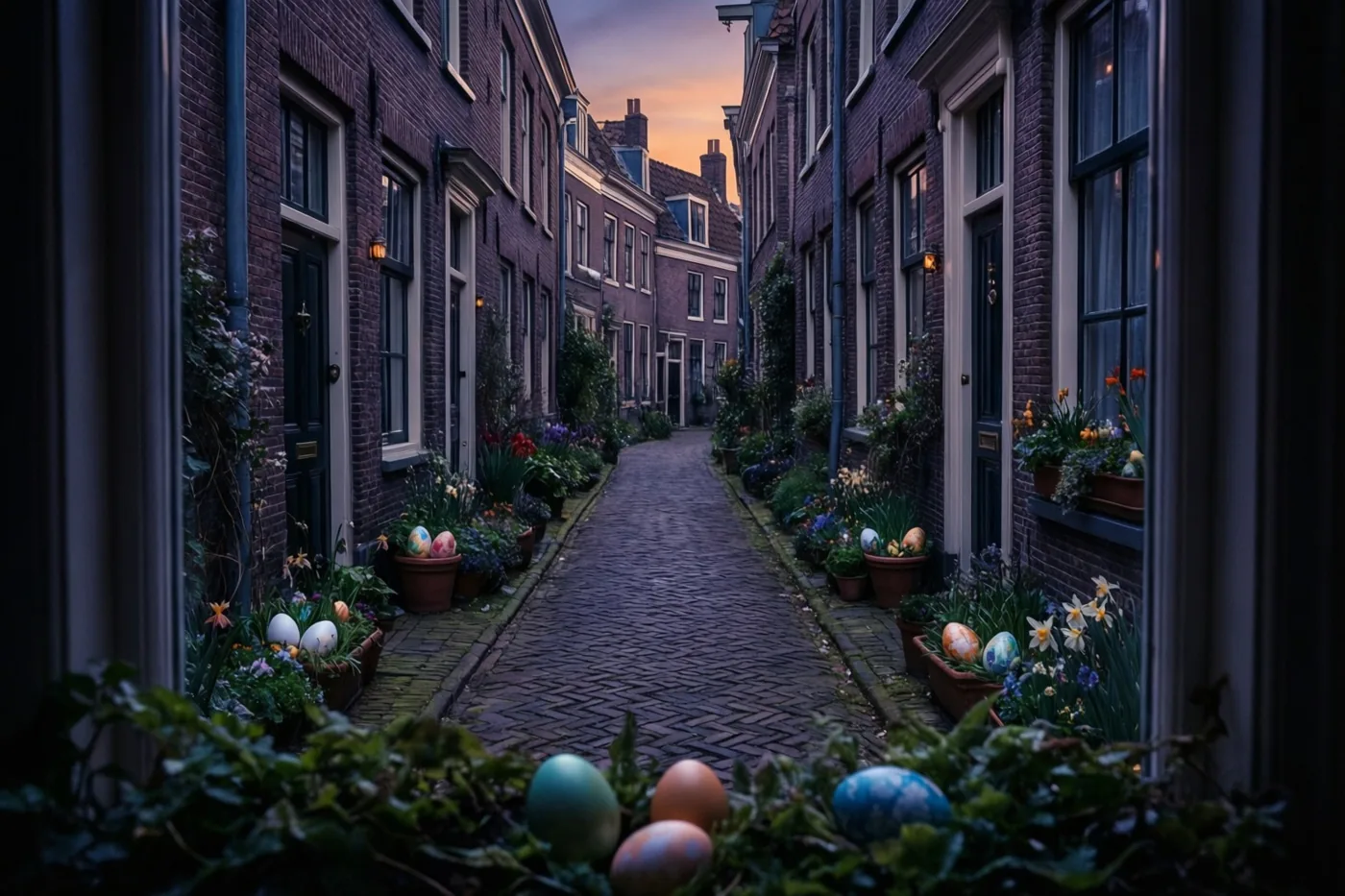 Bij elke voordeur in een smal kasseisteegje met bakstenen huizen staan bloempotten met kleurrijke paaseieren onder een schemerlucht met warme tinten.