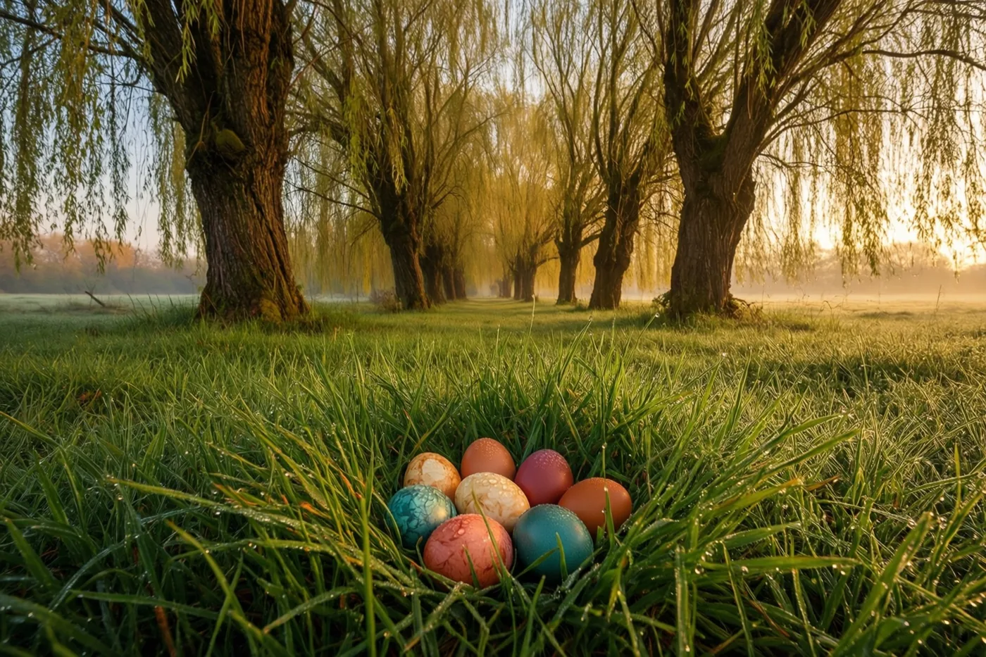 Een groep gekleurde paaseieren ligt in bedauwd gras onder een rij knotwilgen op een mistige ochtend in warm goudkleurig licht.