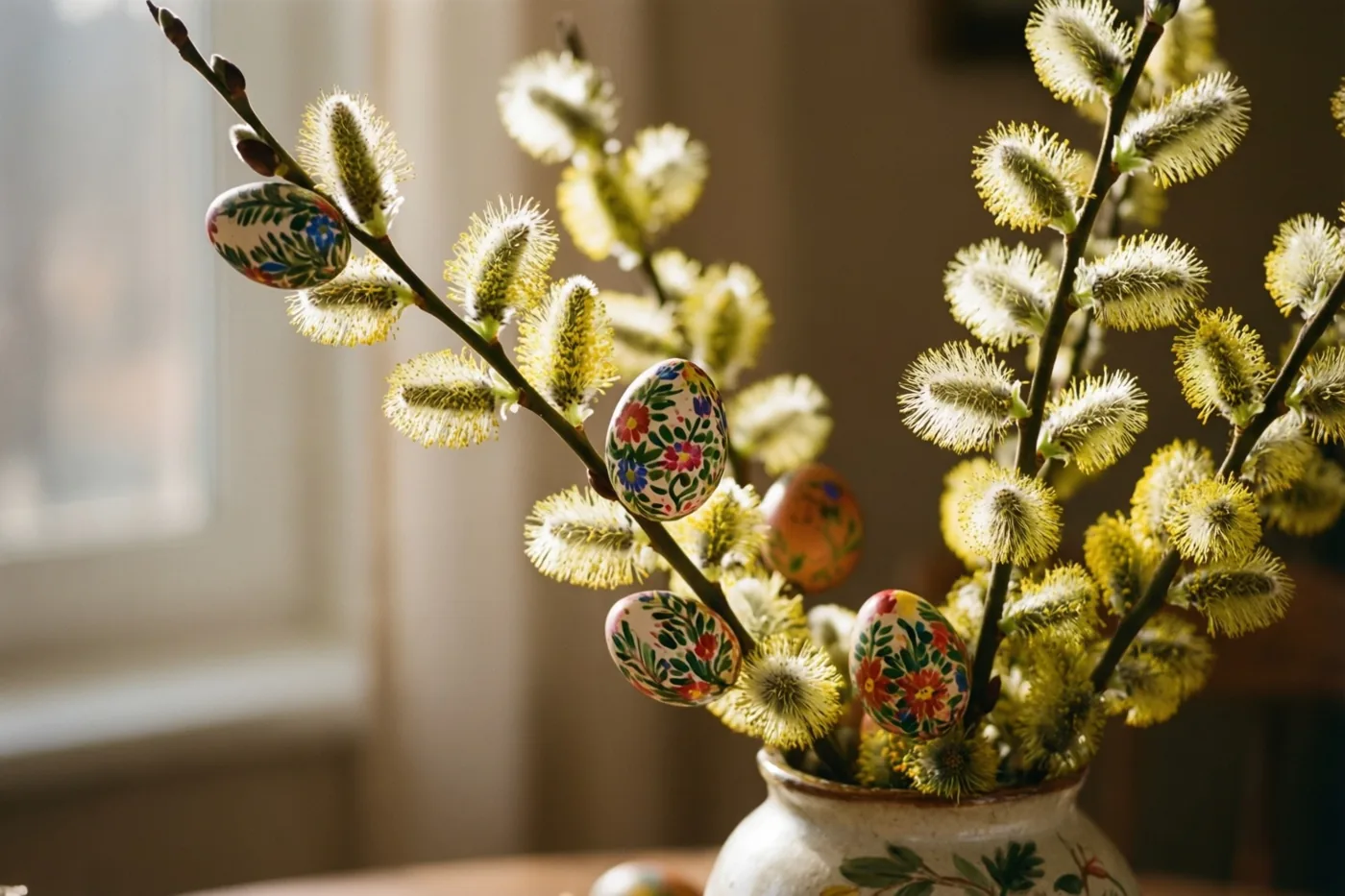 Aan wilgentakken in een vaas hangen handbeschilderde paaseieren met bloemenpatronen in zacht raamlicht.