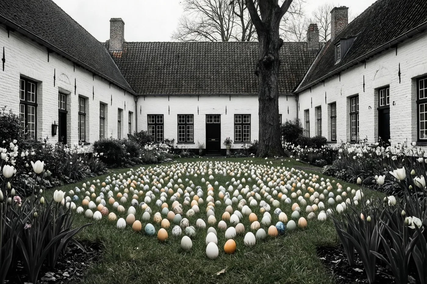 Op een binnenplein met witgekalkte gebouwen liggen talrijke kleurrijke paaseieren op een gazon, omringd door witte tulpen, met een grote boom in het midden onder een bewolkte hemel.