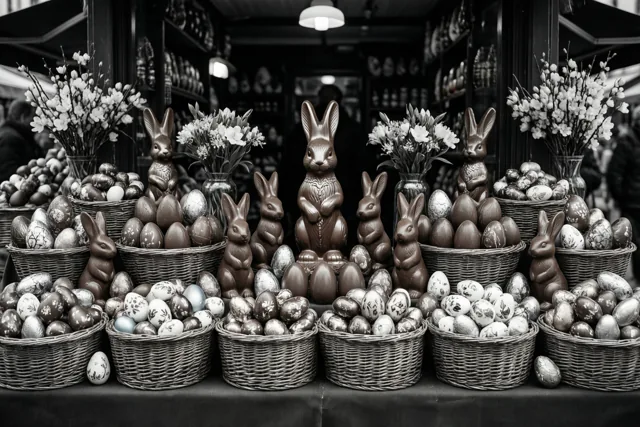 Een marktkraam met manden vol chocoladehazen, versierde eieren en bloemstukken is in zwart-wit weergegeven onder zacht licht.