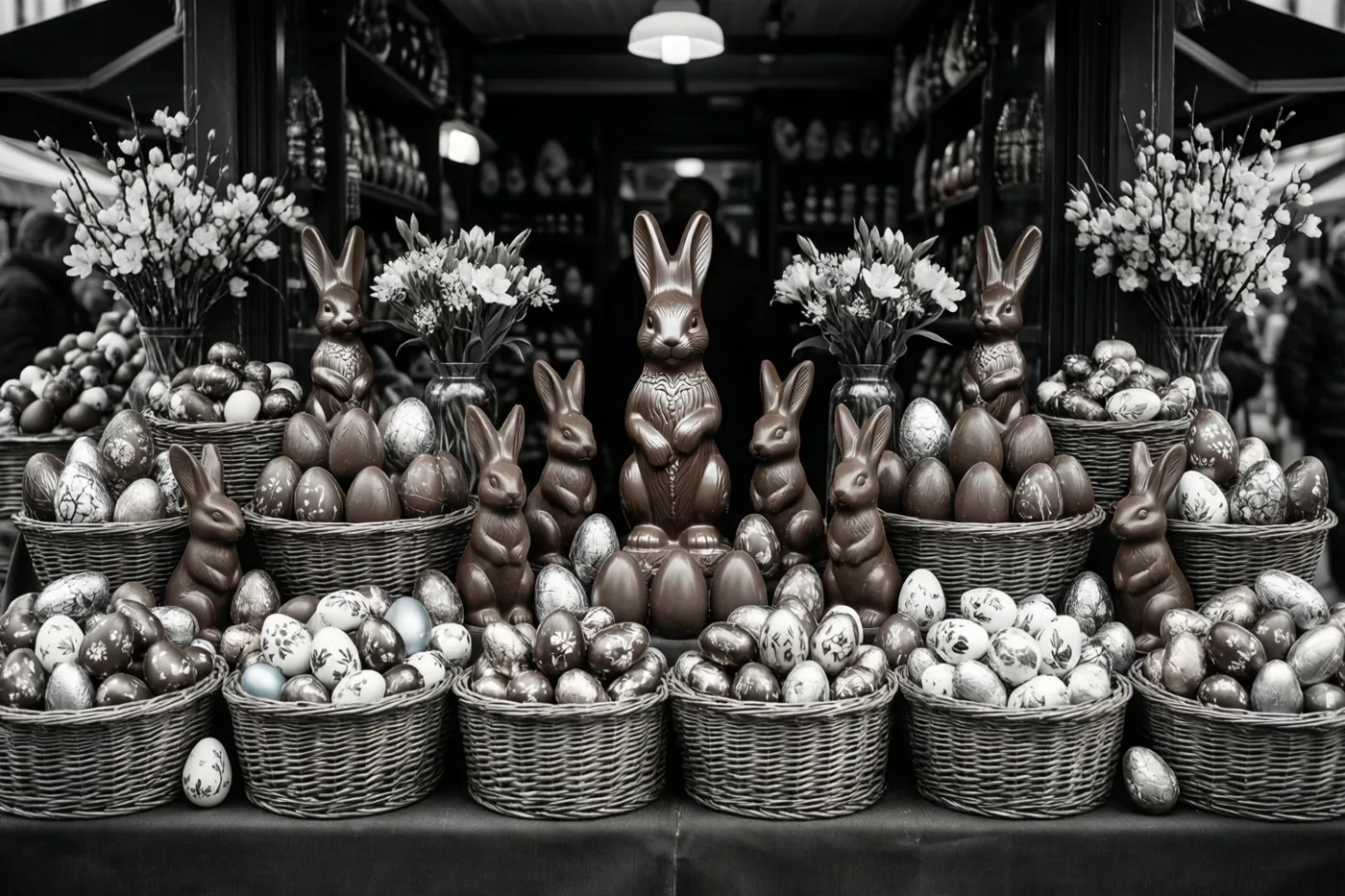 Een marktkraam met manden vol chocoladehazen, versierde eieren en bloemstukken is in zwart-wit weergegeven onder zacht licht.