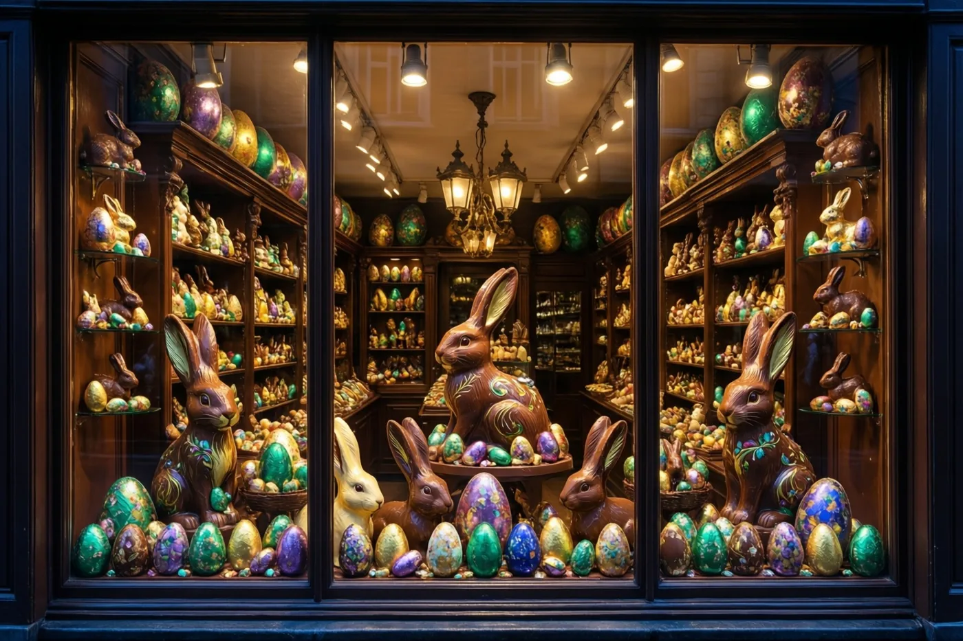 Een warm verlichte winkeletalage toont chocoladehazen en felversierde paaseieren op tafels en houten rekken, met een kroonluchter in het interieur.