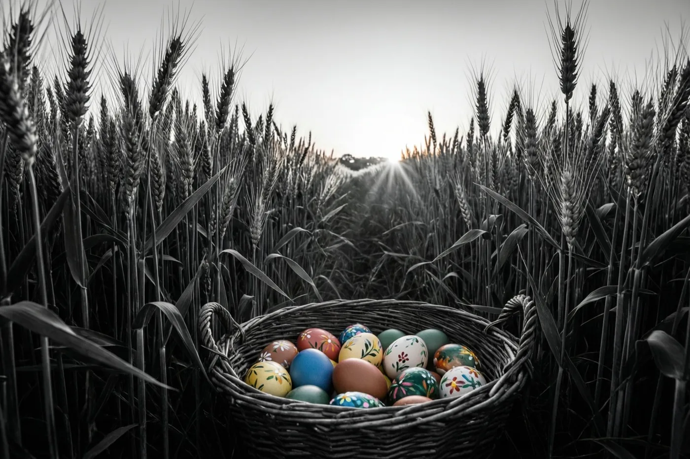 Een rieten mand met kleurrijk beschilderde paaseieren staat aan de rand van een veld jonge tarwe, met stralen van de ondergaande zon tussen de stengels.