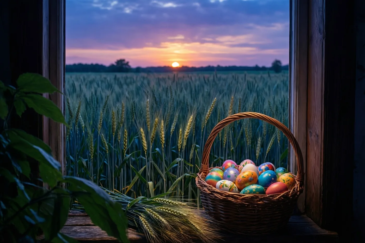 Een rieten mand met kleurrijk beschilderde paaseieren staat op een vensterbank in een houten raam, met uitzicht op jonge tarwe onder een paarse, oranje en blauwe avondlucht.