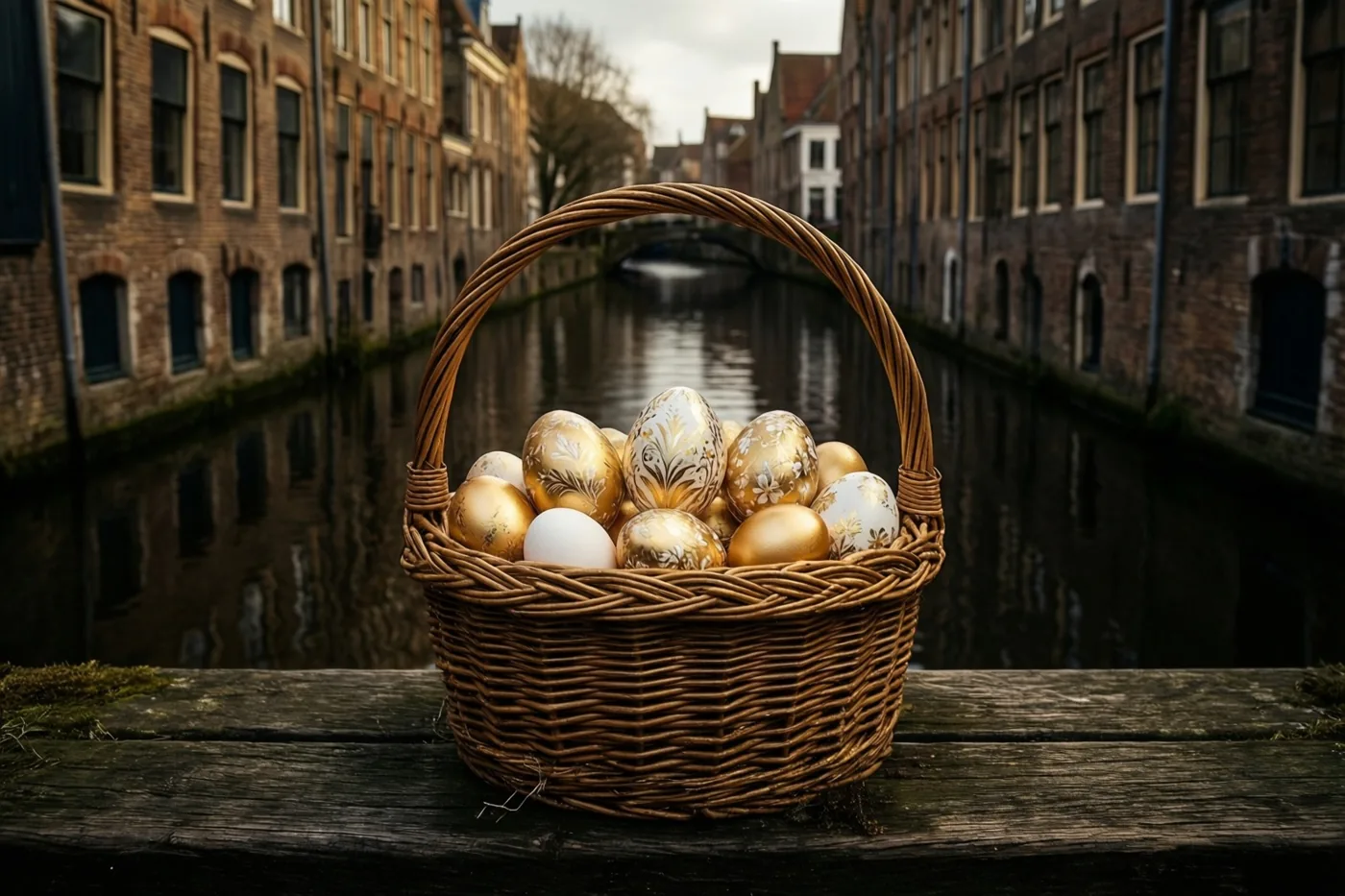 Een rieten mand met sierlijk beschilderde paaseieren staat op een verweerde houten bank naast een kanaal, tussen oude bakstenen gebouwen met weerspiegelende ramen onder een bewolkte hemel.
