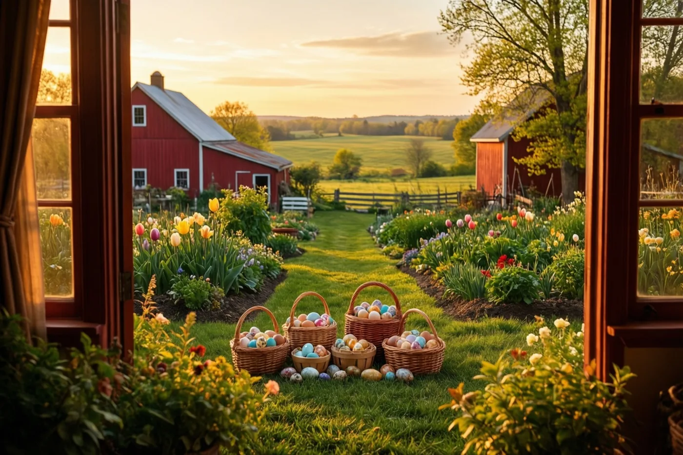 Door een raam is een boerderijtuin met kleurrijke tulpen en rieten manden versierde paaseieren te zien, met rode schuren en groene velden bij zonsondergang.