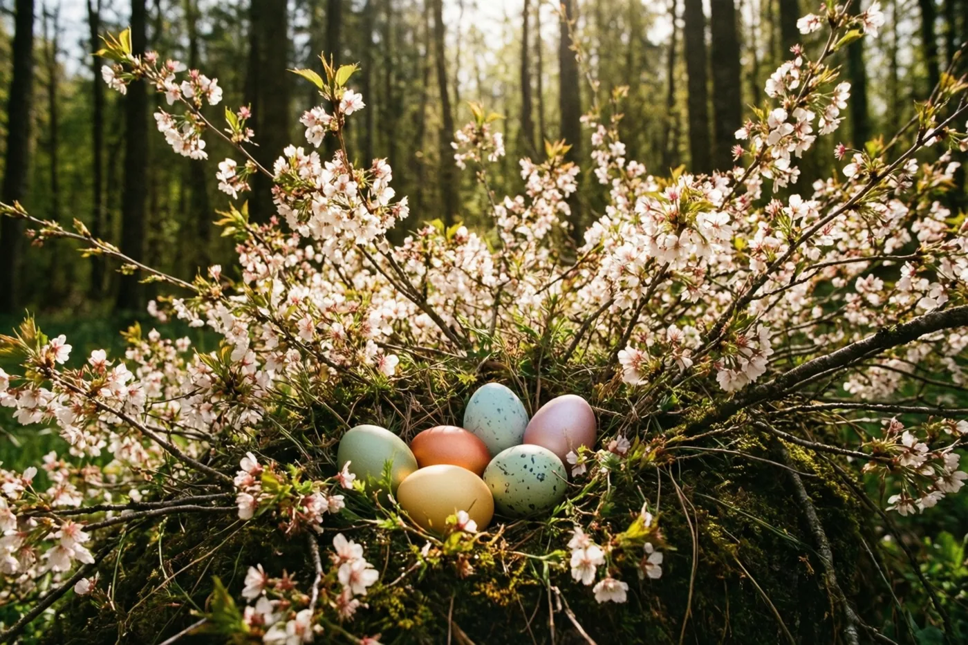 Kleurrijke paaseieren liggen in een nest van mos en takjes tussen de bloeiende takken van een wilde kersenboom aan de bosrand, in zacht gevlekt zonlicht.