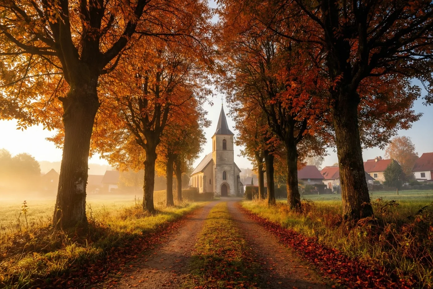 Een onverhard pad tussen bomen met feloranje herfstbladeren leidt naar een dorpskerk in de verte, met warm ochtendlicht en zachte mist boven de velden.