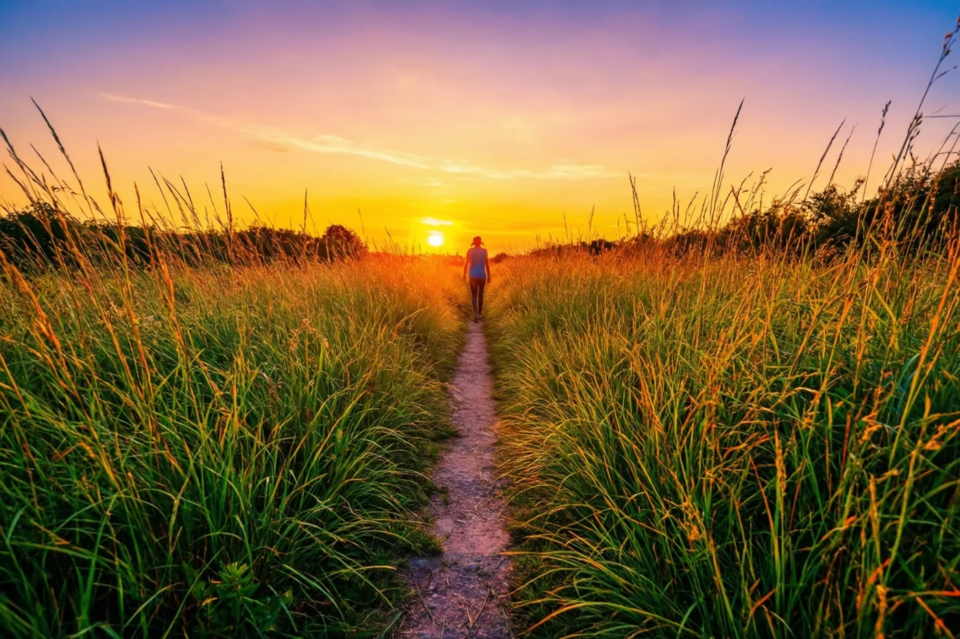 Een kleine figuur loopt over een onverhard pad door hoog gras naar een zonsondergang in gouden en paarse tinten.