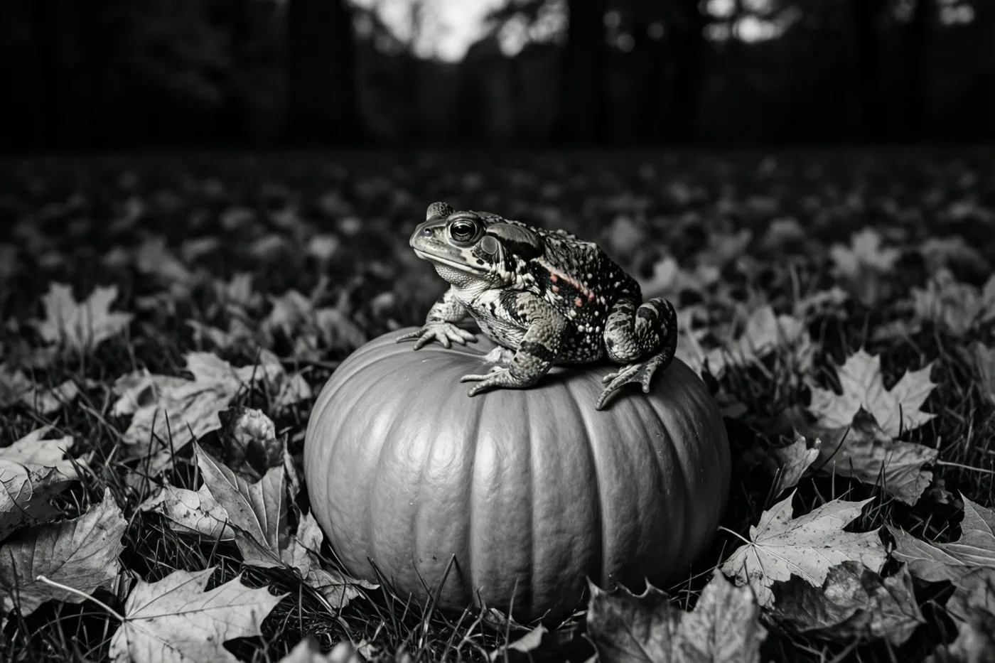 Een pad zit op een pompoen tussen herfstbladeren in het gras, op een zwart-witfoto.