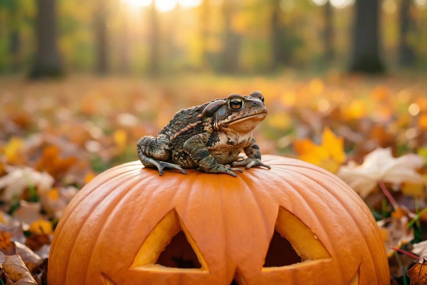 Een pad zit op het deksel van een uitgesneden pompoen tussen herfstbladeren in een bos, bij warm goudkleurig licht in de schemering.