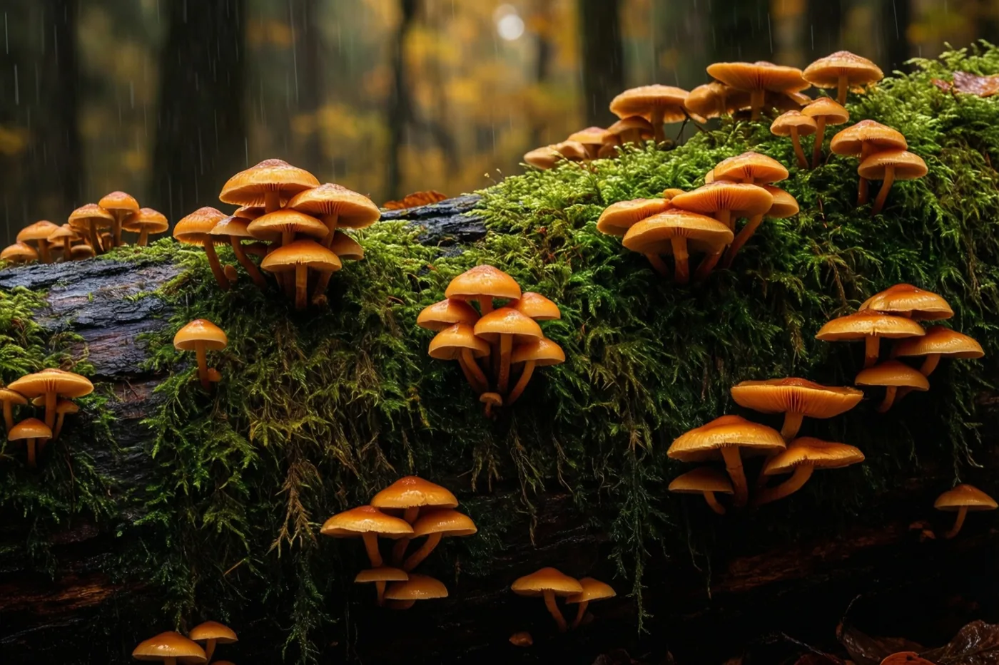 Een omgevallen boomstam is bedekt met felgroen mos en groepjes kleine oranje paddenstoelen in een regenachtig herfstbos.