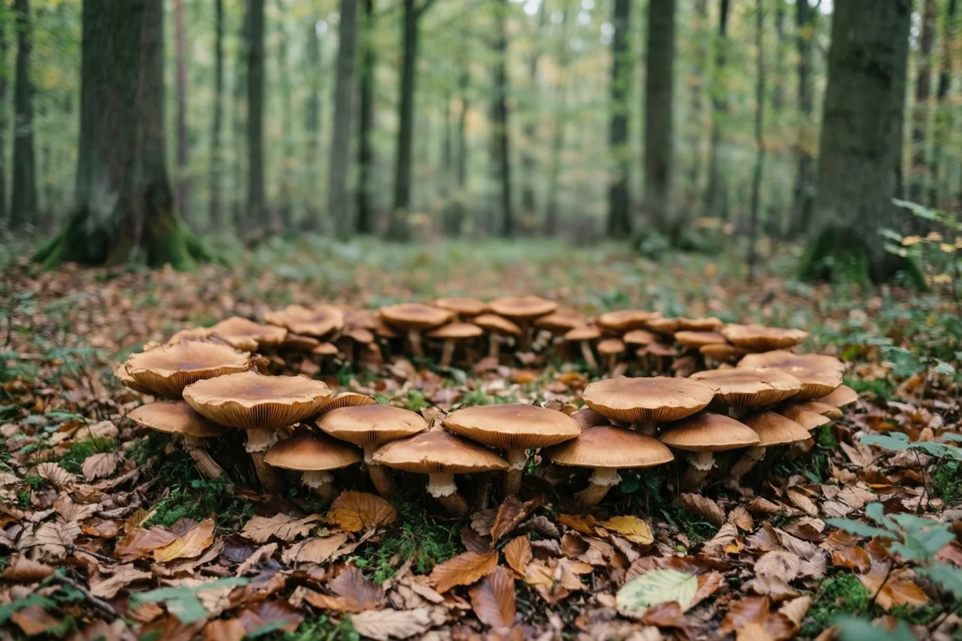 Een kring bruine paddenstoelen groeit op een open plek met gevallen herfstbladeren en bomen op de achtergrond.