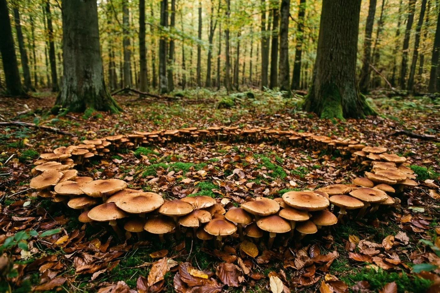 Een kring bruine paddenstoelen groeit op een open plek met gevallen bladeren en mos, met hoge bomen en goudgeel loof op de achtergrond.
