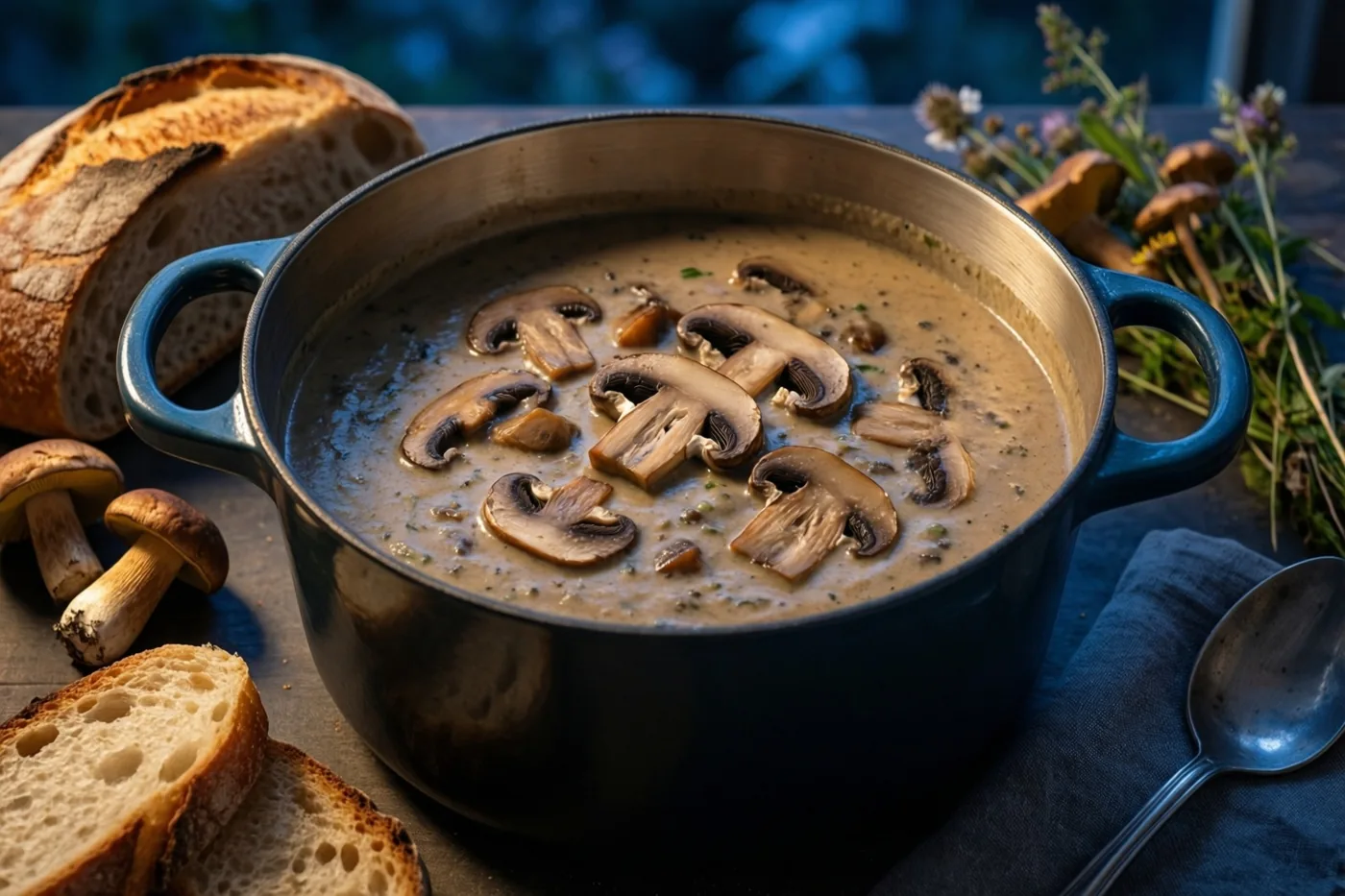Een blauwe pot romige paddenstoelensoep met plakjes paddenstoel staat buiten op een houten tafel naast sneden krokant brood en verse bospaddenstoelen, tegen een onscherpe blauwe achtergrond.