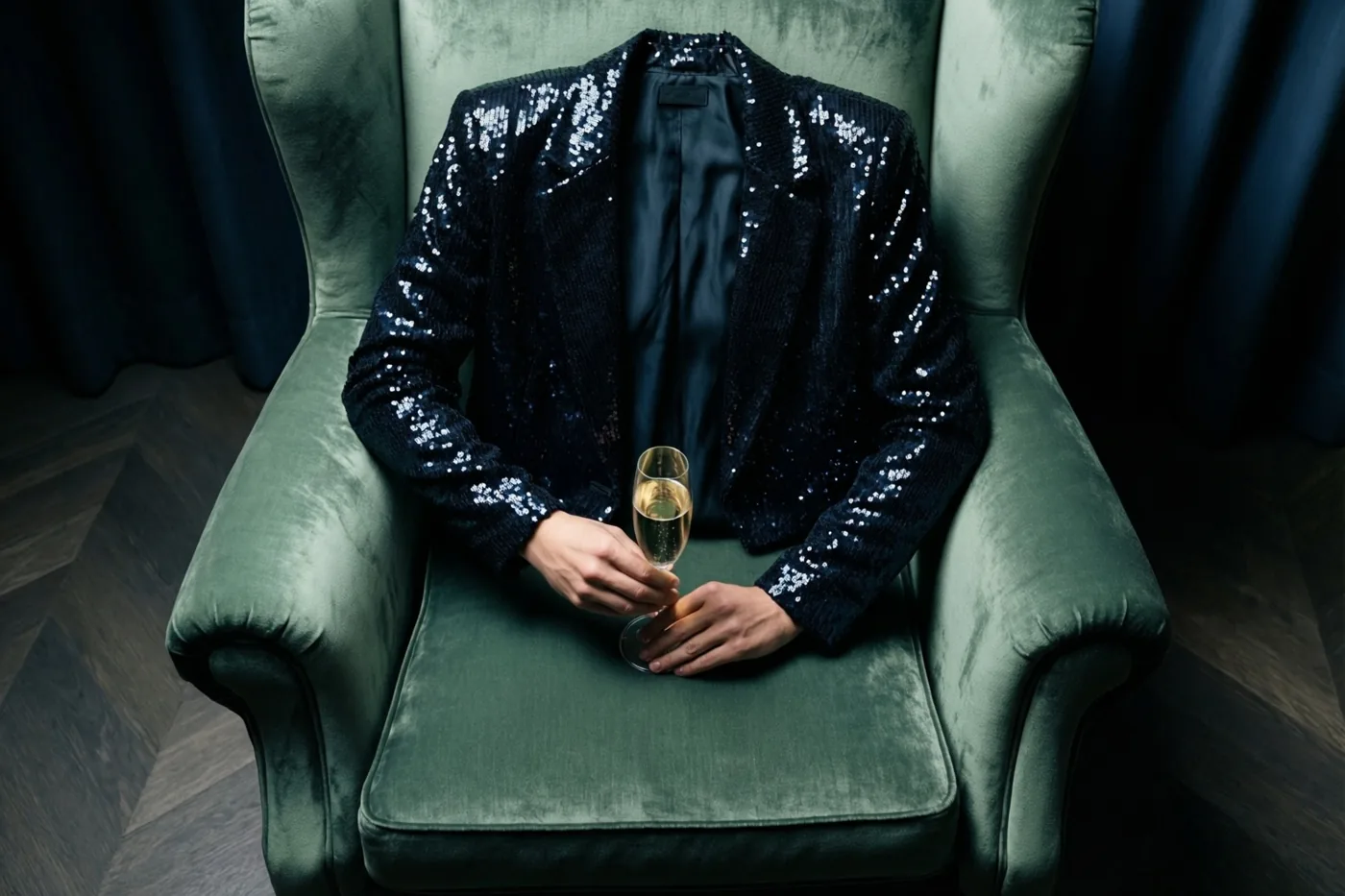 Iemand in een zwart jasje met pailletten zit met een champagneglas in een groenfluwelen fauteuil, in een schaars verlichte kamer met donkere gordijnen en een houten vloer.