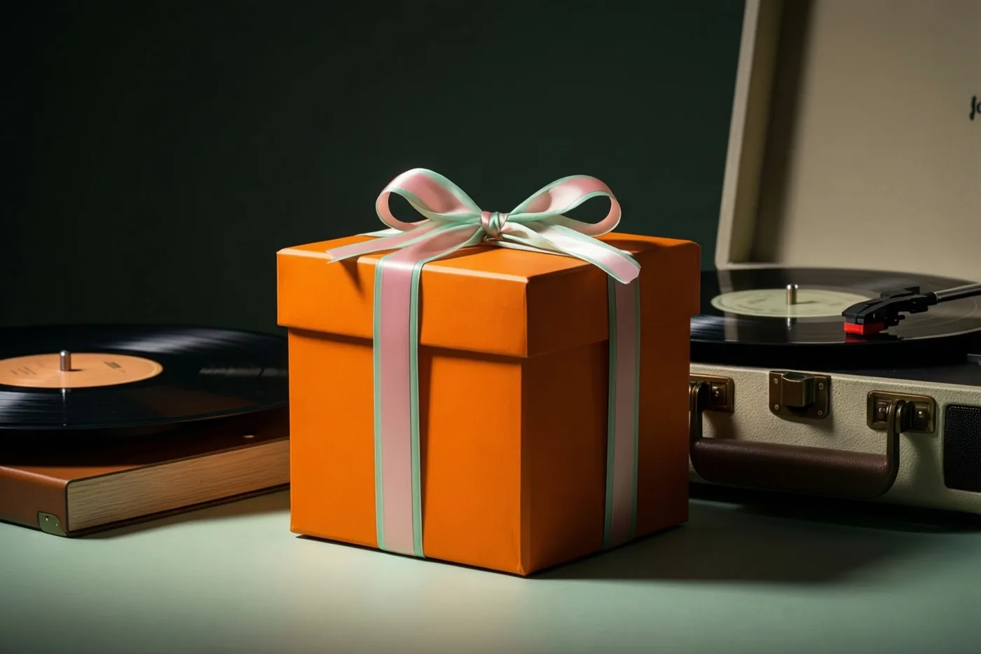 Een oranje geschenkdoos met een roze en mintgroen lint staat naast een draagbare vintage platenspeler op een lichtgroene ondergrond tegen een donkergroene achtergrond.