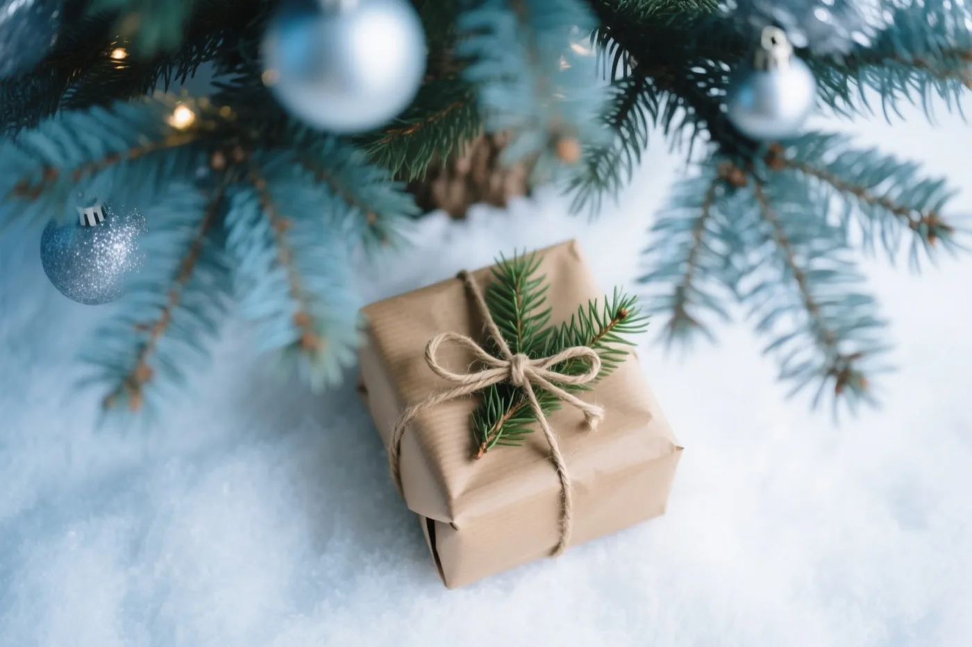 Een klein cadeau in bruin kraftpapier met touw en dennentakjes ligt in de sneeuw onder een kerstboom met blauwe en zilveren versiering.