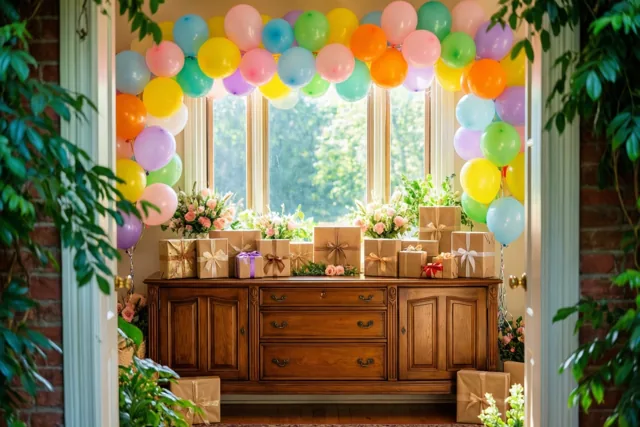 Een houten dressoir vol cadeaus in kraftpapier met linten staat onder een slinger van pastelballonnen in een zonnige kamer, met een raam achteraan en groen rondom het zicht.