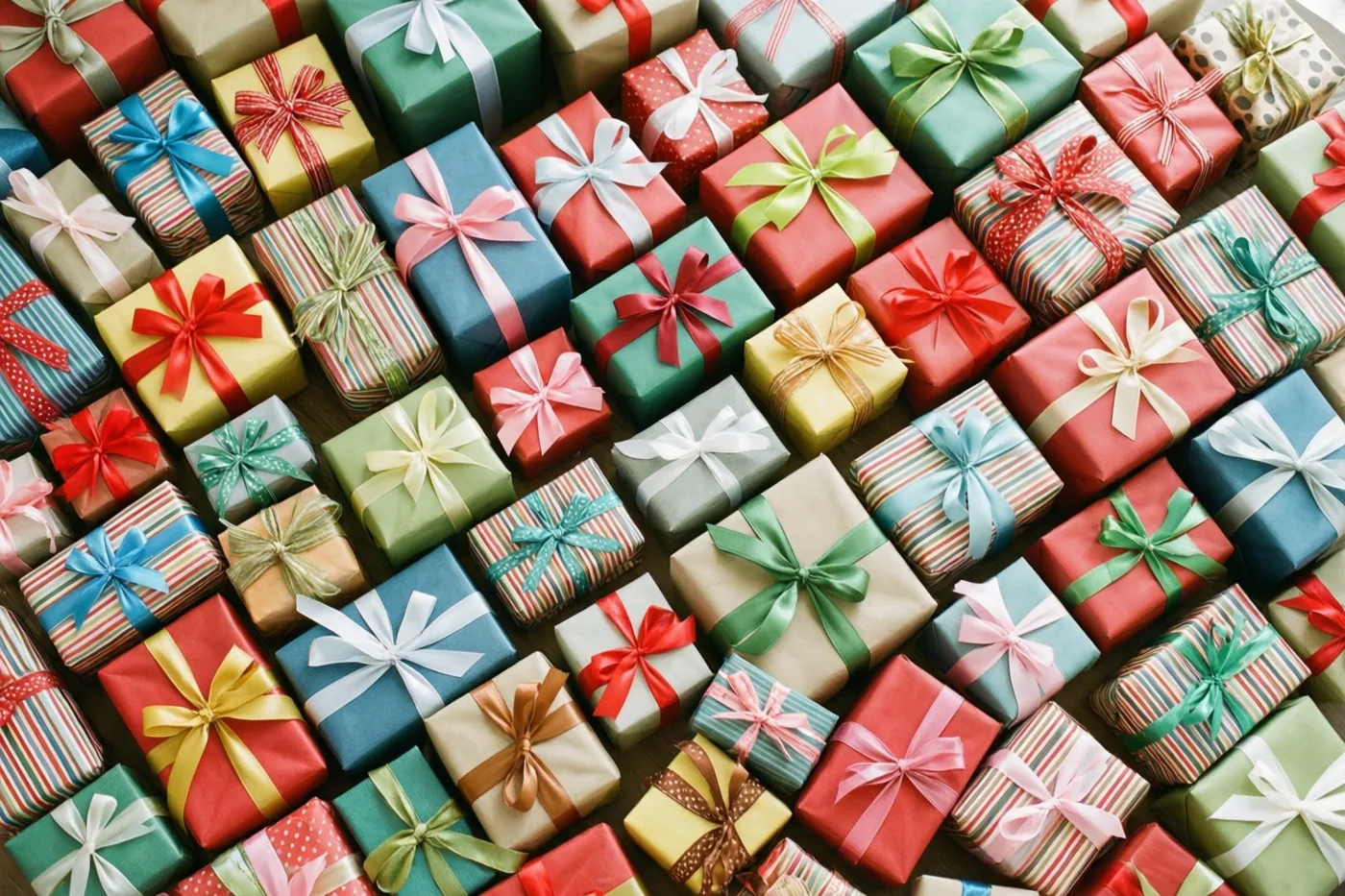 Van bovenaf zie je dicht opeengepakte cadeaus met strikken en uiteenlopende patronen, vooral in rood, groen en goud.