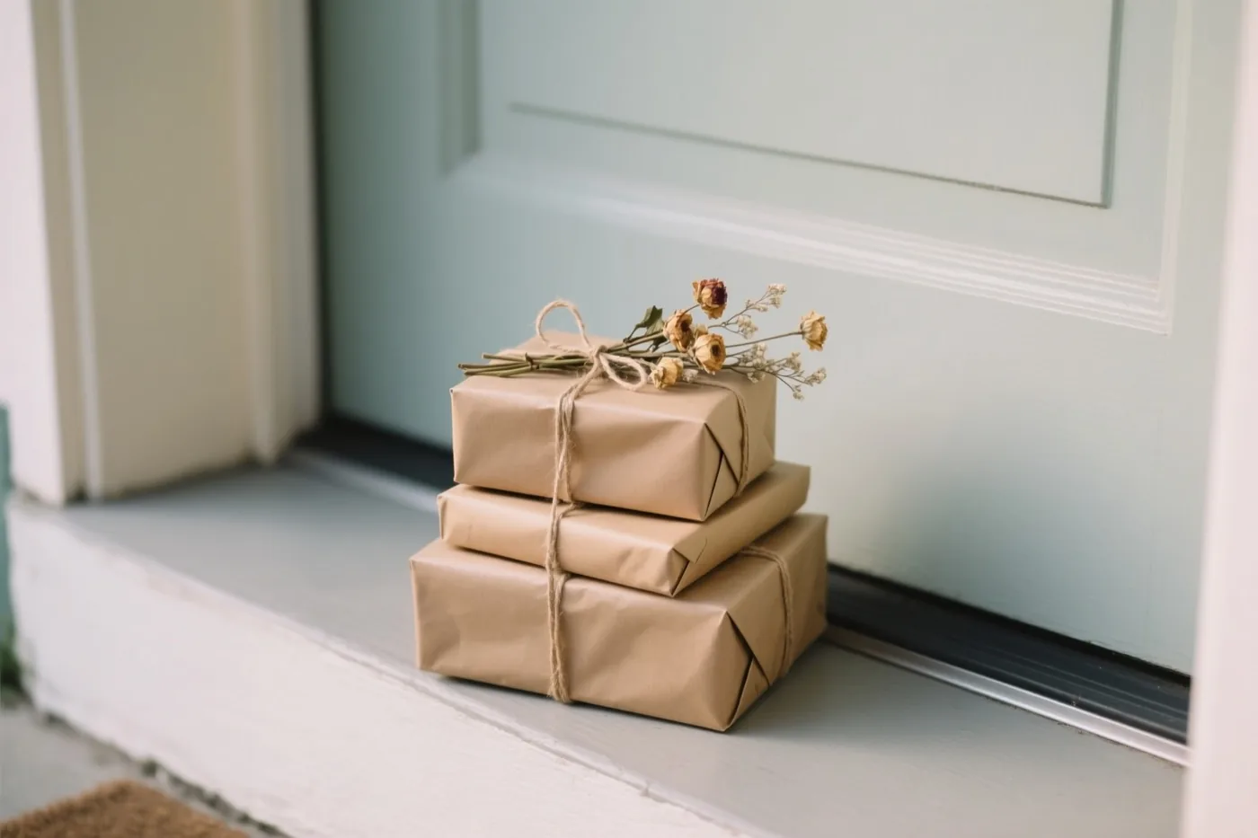 Drie cadeaus in bruin papier met touw staan op een witte drempel voor een lichtblauwe deur, met droogbloemen erbovenop.
