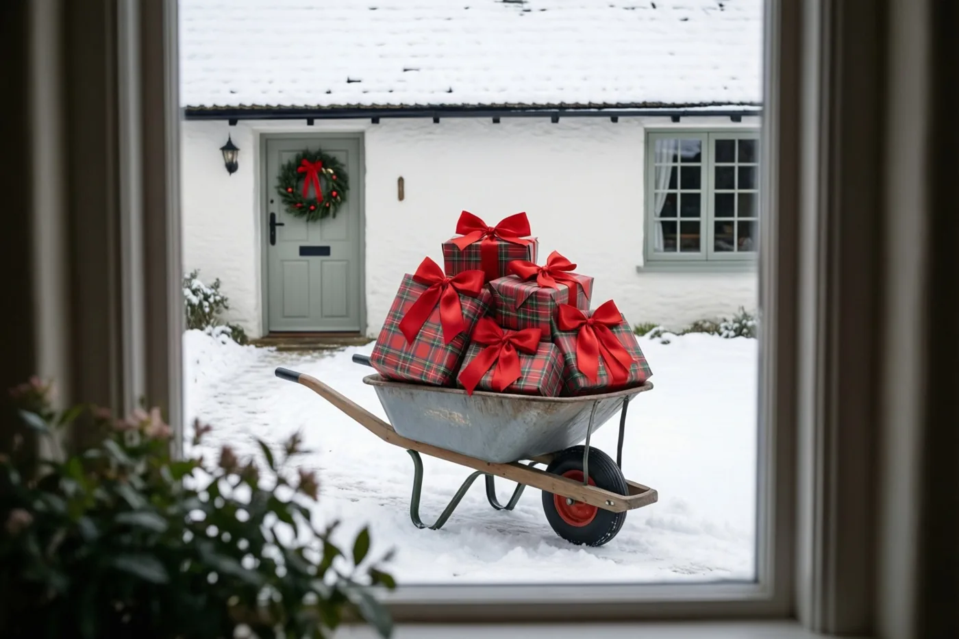 Door een raam met een groene plant op de voorgrond is een kruiwagen te zien met cadeaus in geruit papier en grote rode strikken, in de sneeuw voor een deur met een krans.