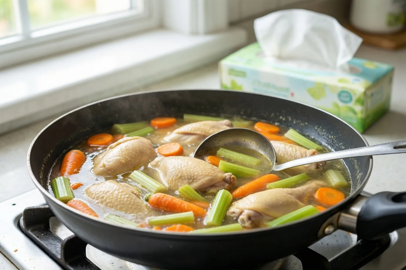 Een zwarte braadpan met pruttelende kippensoep, stukjes kip, wortelen en selder staat op een kookplaat, met een doos zakdoekjes op het aanrecht bij een raam op de achtergrond.