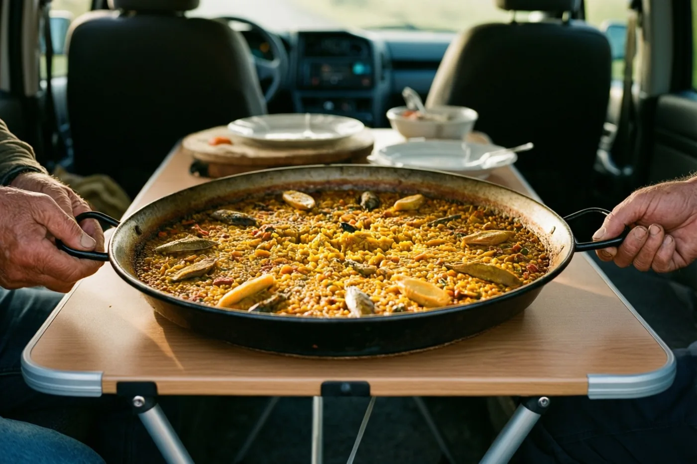 Twee oudere handen houden een grote pan paella vast op een uitklaptafel in een camper, verlicht door warm zonlicht.