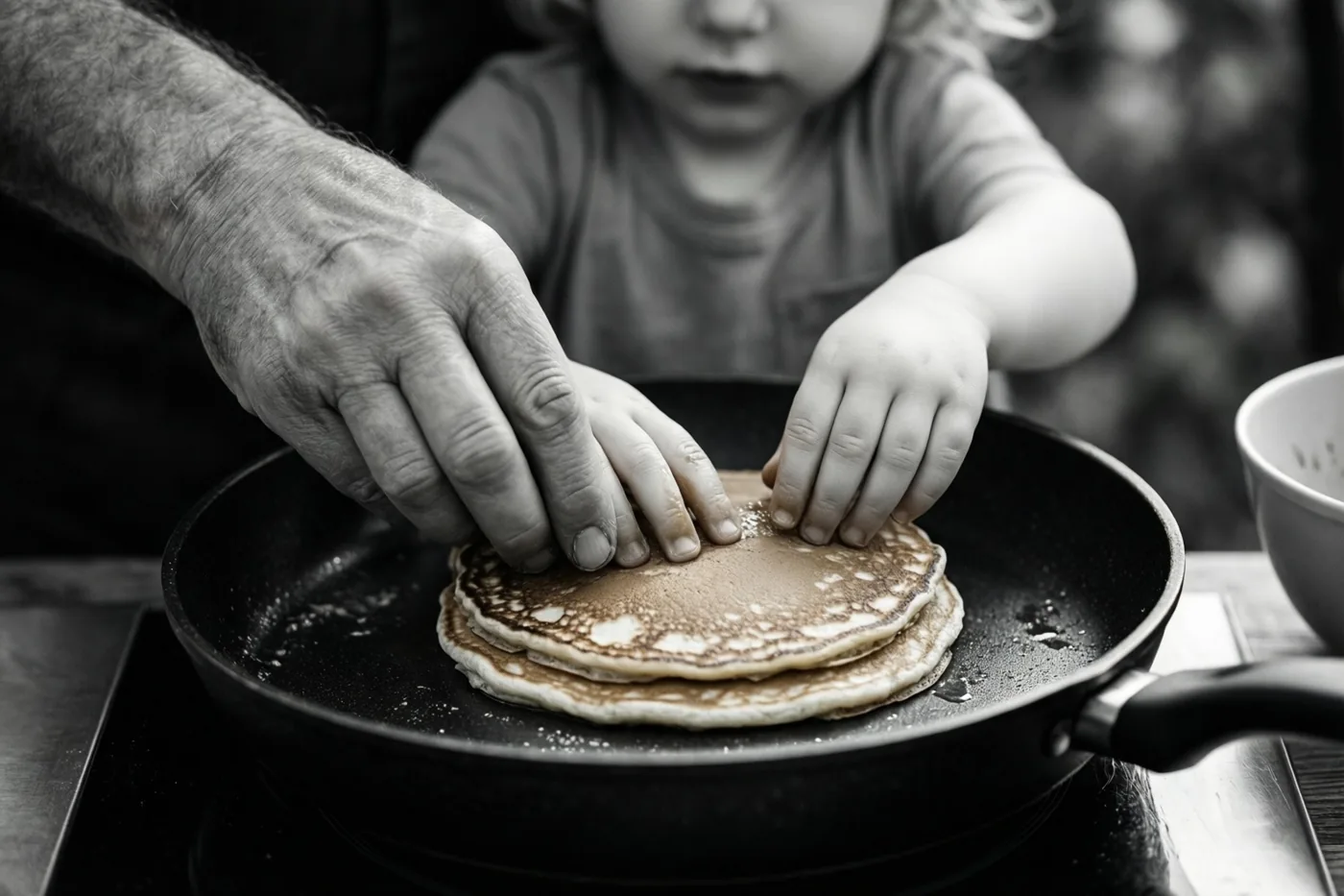Op een zwart-witfoto drukken een volwassen hand en een kinderhand samen op pannenkoeken in een pan op het fornuis.