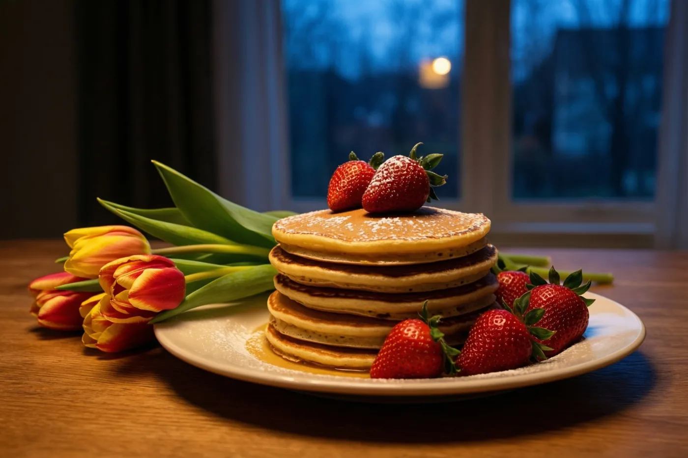 Een stapel goudkleurige pannenkoeken met aardbeien en poedersuiker staat op een wit bord naast rode en gele tulpen op een houten tafel bij een raam met blauw schemerlicht buiten.