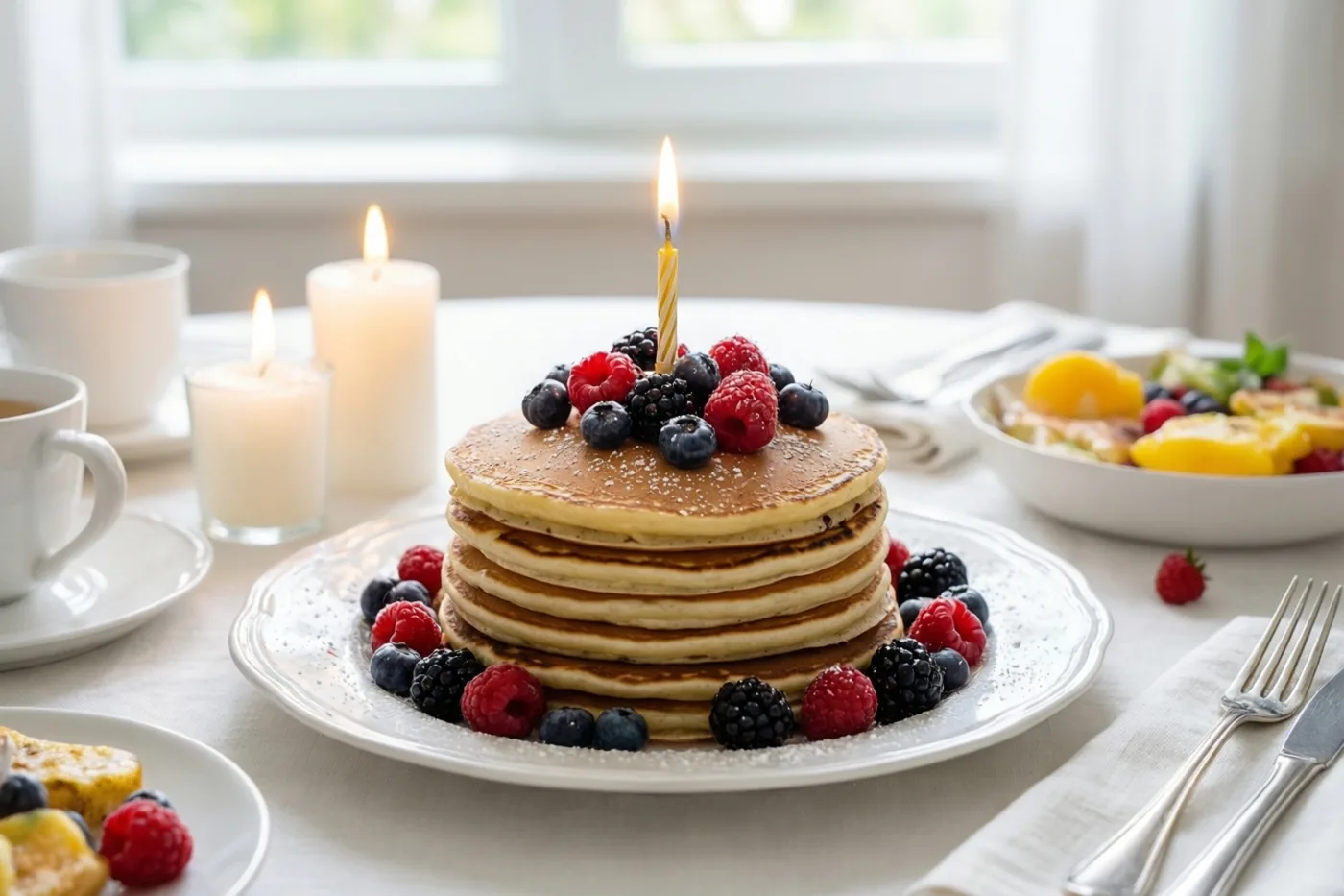 Een hoge stapel goudbruine pannenkoeken met bessen en één brandend kaarsje staat op een wit bord bij het raam, met kaarsen en koffiekopjes op de achtergrond.