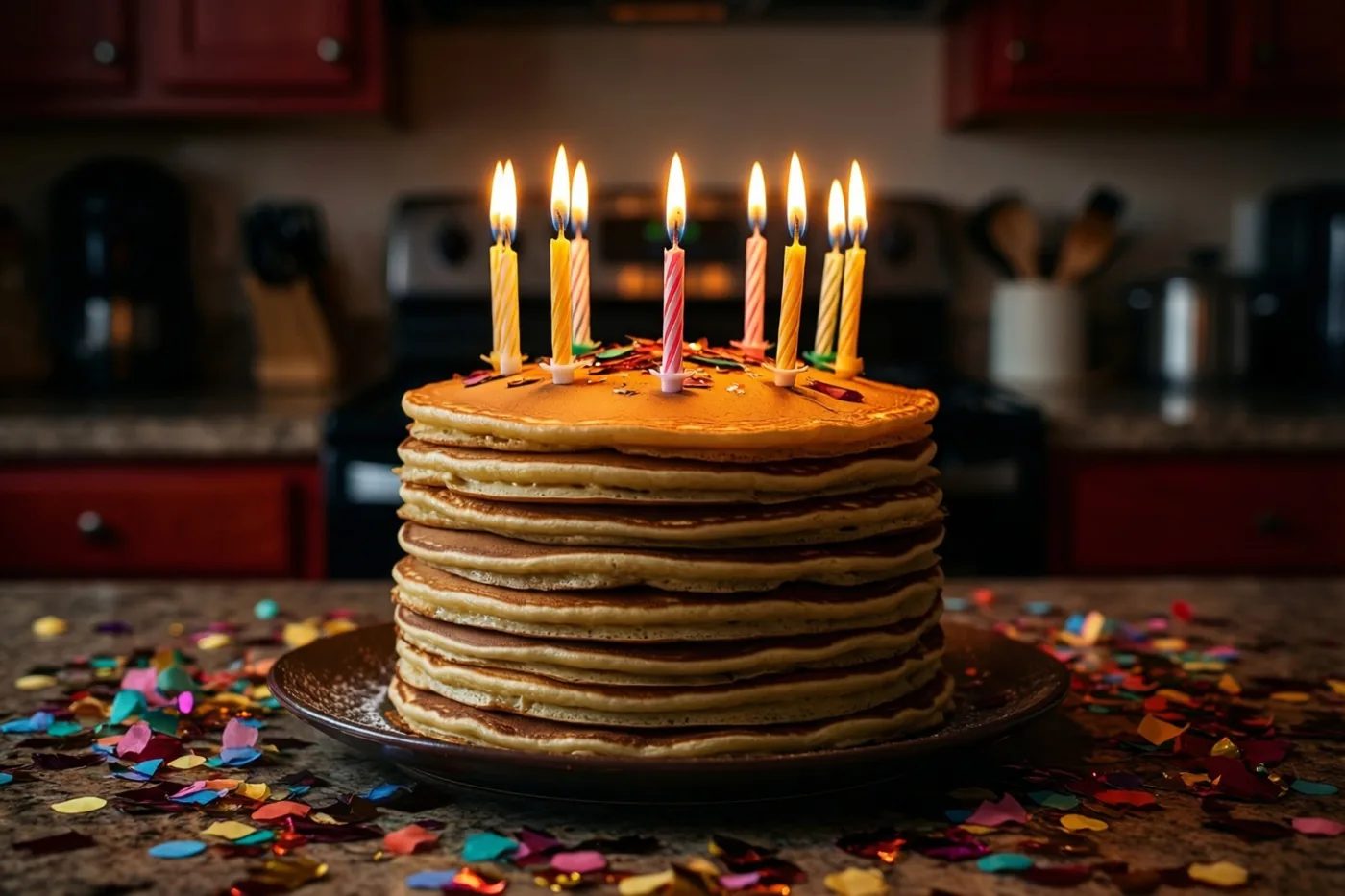 Een hoge stapel dunne pannenkoeken met brandende verjaardagskaarsen staat op een keukenblad tussen kleurrijke confetti, in warm licht met een wazige keuken op de achtergrond.