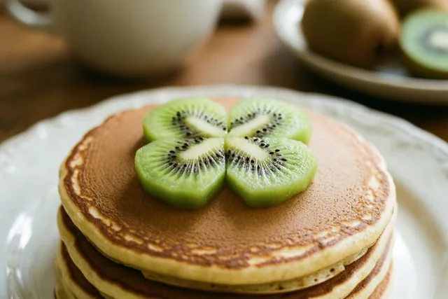 Een stapel goudbruine pannenkoeken met vier kiwischijfjes in klavervorm ligt op een wit bord op een houten tafel, met een onscherp theekopje en hele kiwi's op de achtergrond.