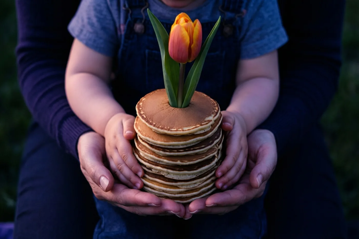 Buiten bieden kinderhanden een hoge stapel goudbruine pannenkoeken met een oranje tulp aan volwassen handen aan, tegen een donkere, wazige achtergrond.