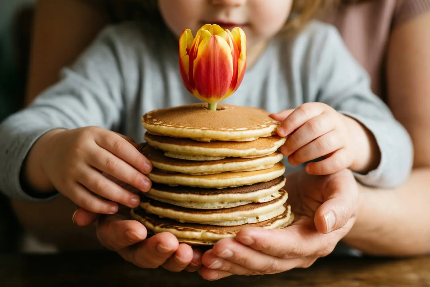 Kinderhanden bieden een hoge stapel goudbruine pannenkoeken met een rood-gele tulp erop aan volwassen handen aan, tegen een zacht vervaagde achtergrond.