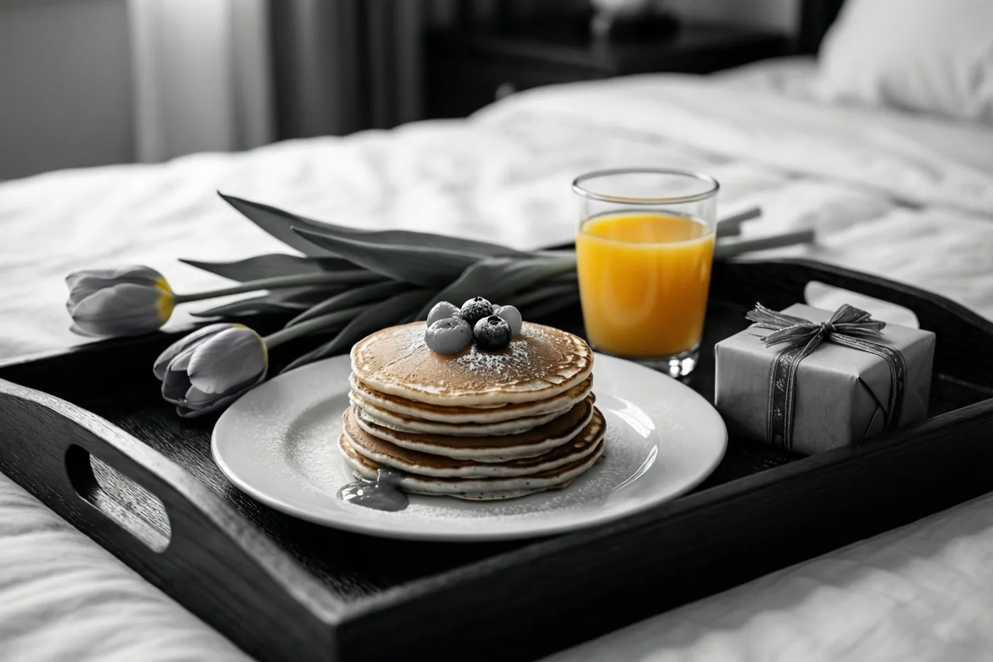 Op een bed staat een ontbijtblad met pannenkoeken, sinaasappelsap, tulpen en een ingepakt cadeau, in zwart-wit met kleuraccenten op het sap en de blauwe bessen.