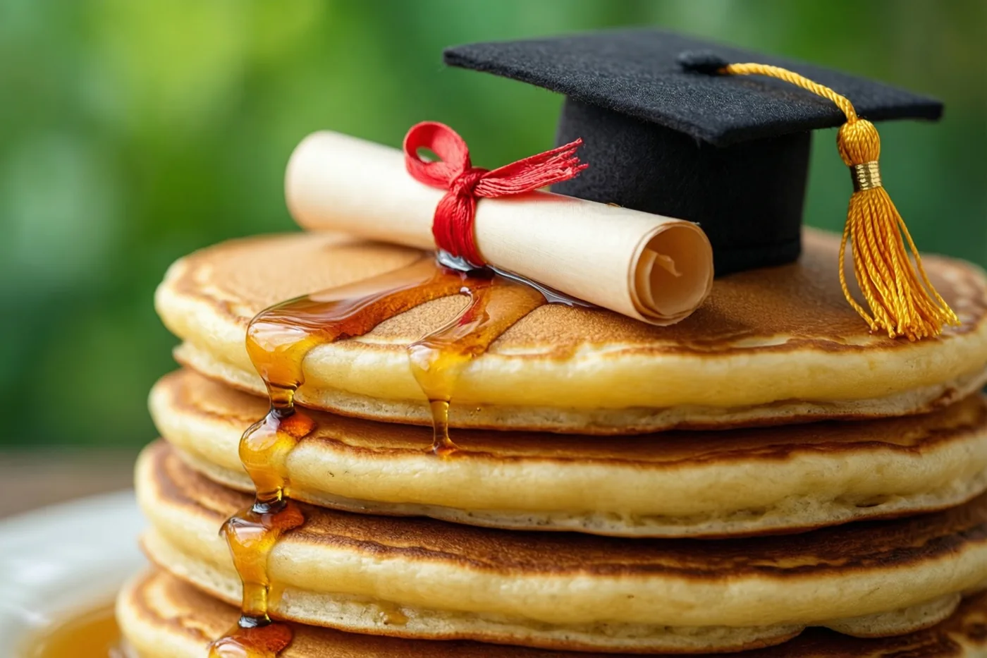 Een stapel goudbruine pannenkoeken met afdruipende stroop draagt een klein afstudeerhoedje en een opgerold diploma met een rood lint, tegen een zacht wazige groene achtergrond.