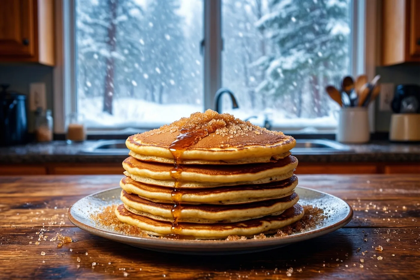 Een hoge stapel goudbruine pannenkoeken met bruine suiker en siroop staat op een keramisch bord op een houten keukentafel, met hevige sneeuwval boven een bos achter een groot raam.