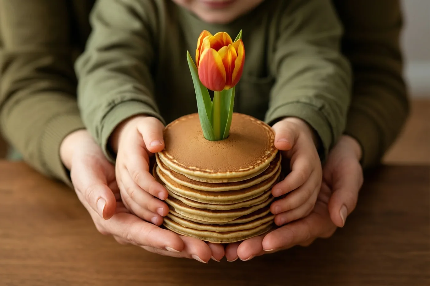 Kinderhanden bieden een stapel pannenkoeken met een tulp bovenaan aan volwassen handen aan, boven een houten tafel in warm licht.