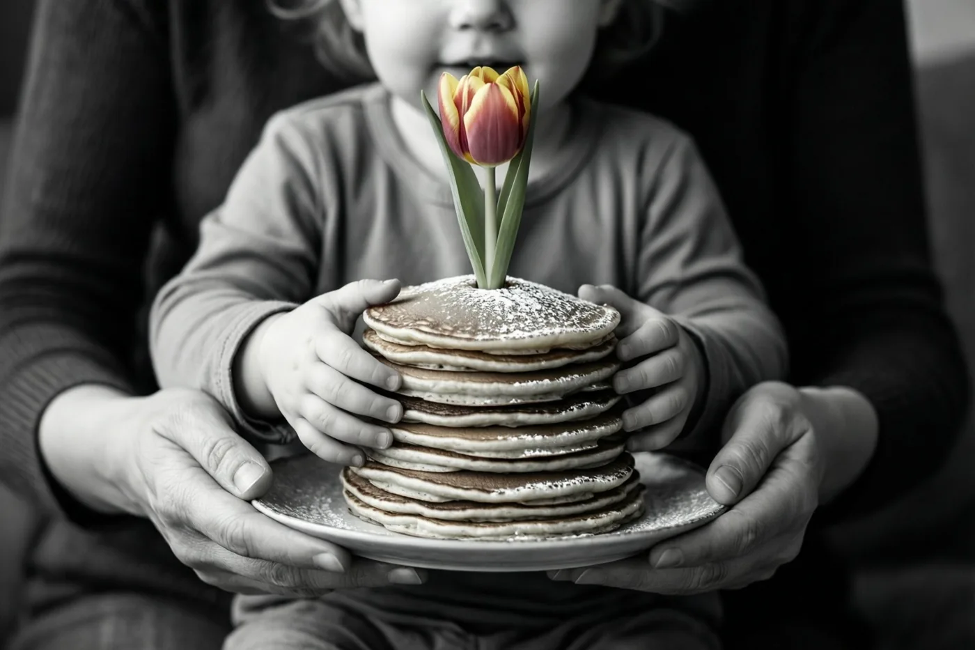 Op een vrijwel monochrome foto bieden kinderhanden een bord met een hoge stapel pannenkoeken aan volwassen handen aan, met bovenop een tulp in kleur.