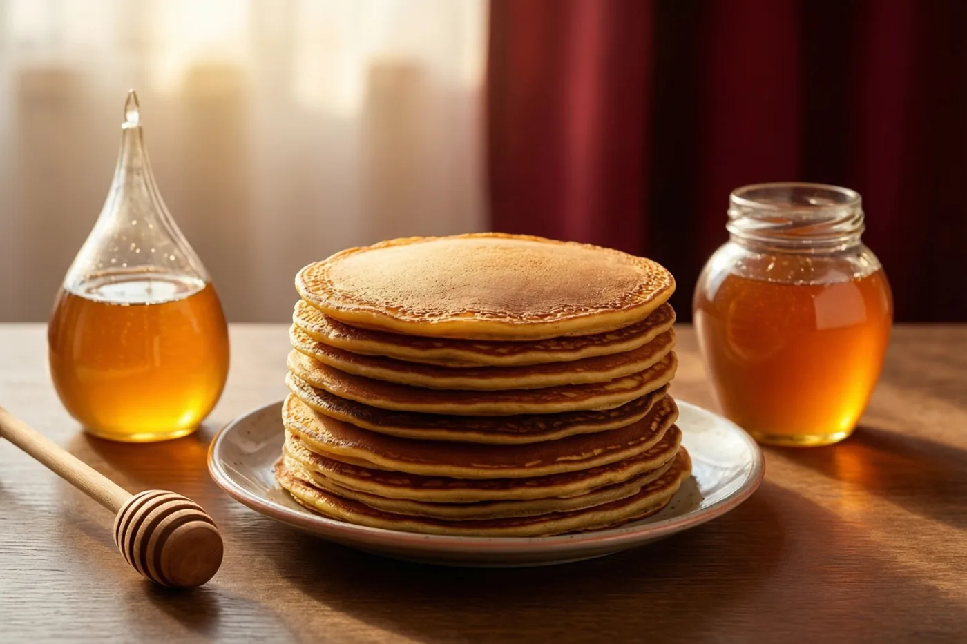 Een hoge stapel goudbruine pannenkoeken staat op een bord op een houten tafel naast twee glazen potten honing en een houten honinglepel, in warm ochtendlicht met onscherpe gordijnen op de achtergrond.