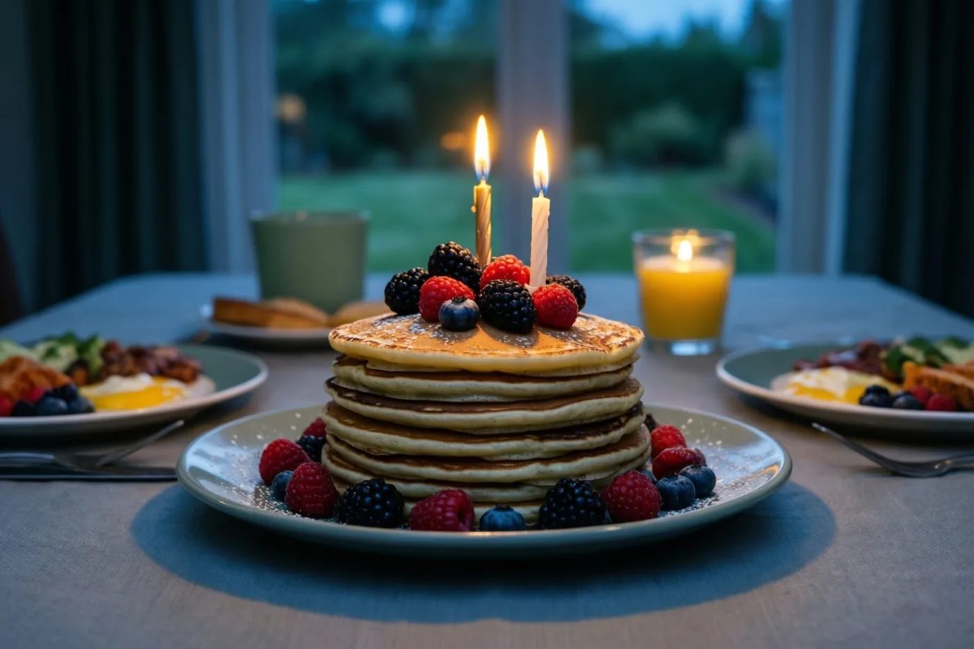 Een stapel pannenkoeken met bessen en twee brandende kaarsjes staat op een bord aan een ontbijttafel in een schemerige kamer, met zicht op een tuin door het raam.