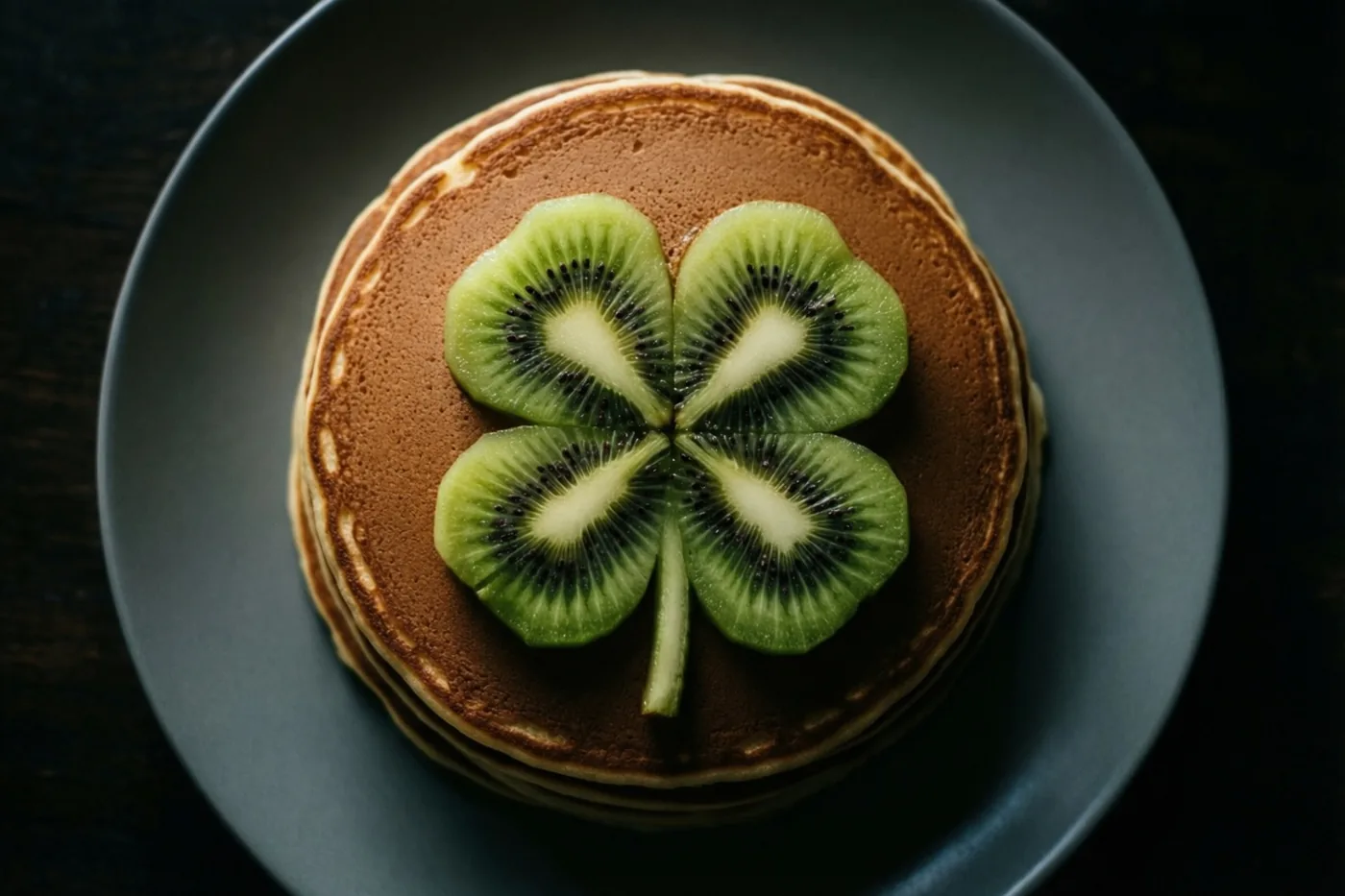 Een stapel goudbruine pannenkoeken met een klavertjevier van groene kiwischijfjes ligt op een donkergrijs bord tegen een donkere achtergrond.