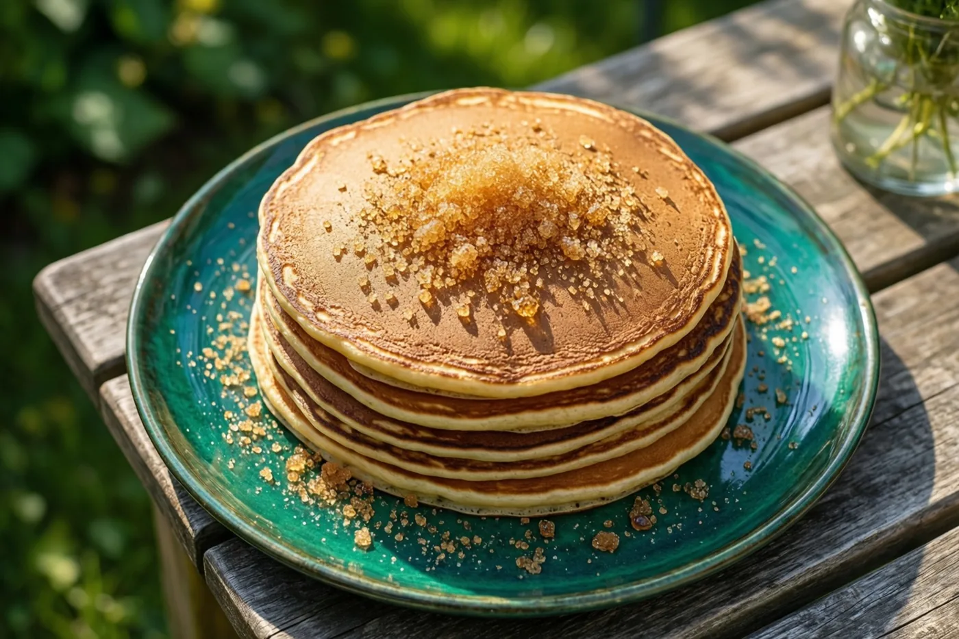 Een stapel goudbruine pannenkoeken met bruine suiker ligt op een blauwgroen bord op een houten tuintafel in fel zonlicht, met groen op de achtergrond.