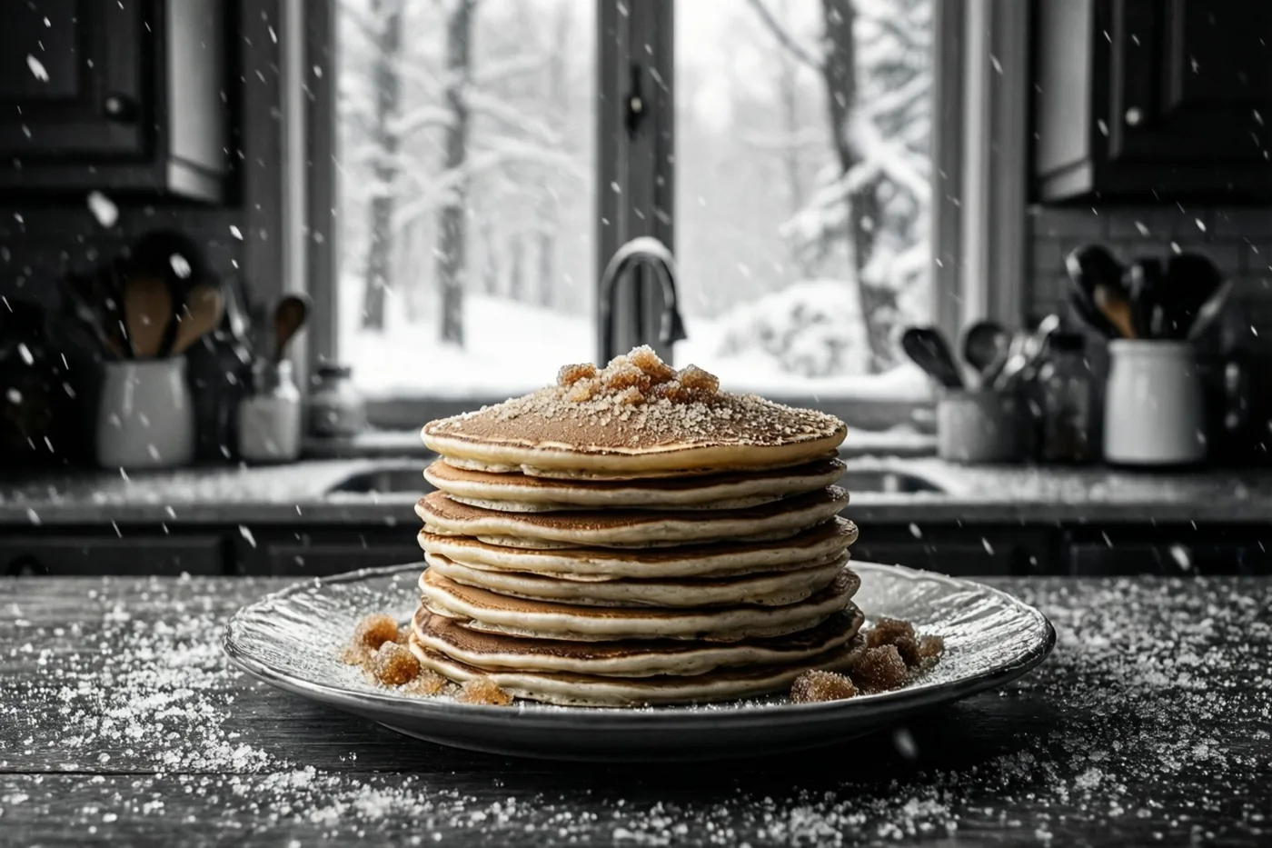 Een hoge stapel pannenkoeken met bruine suiker staat op een donker bord op een keukentafel, in kleur tegen een zwart-witte omgeving met hevige sneeuwval buiten het raam.