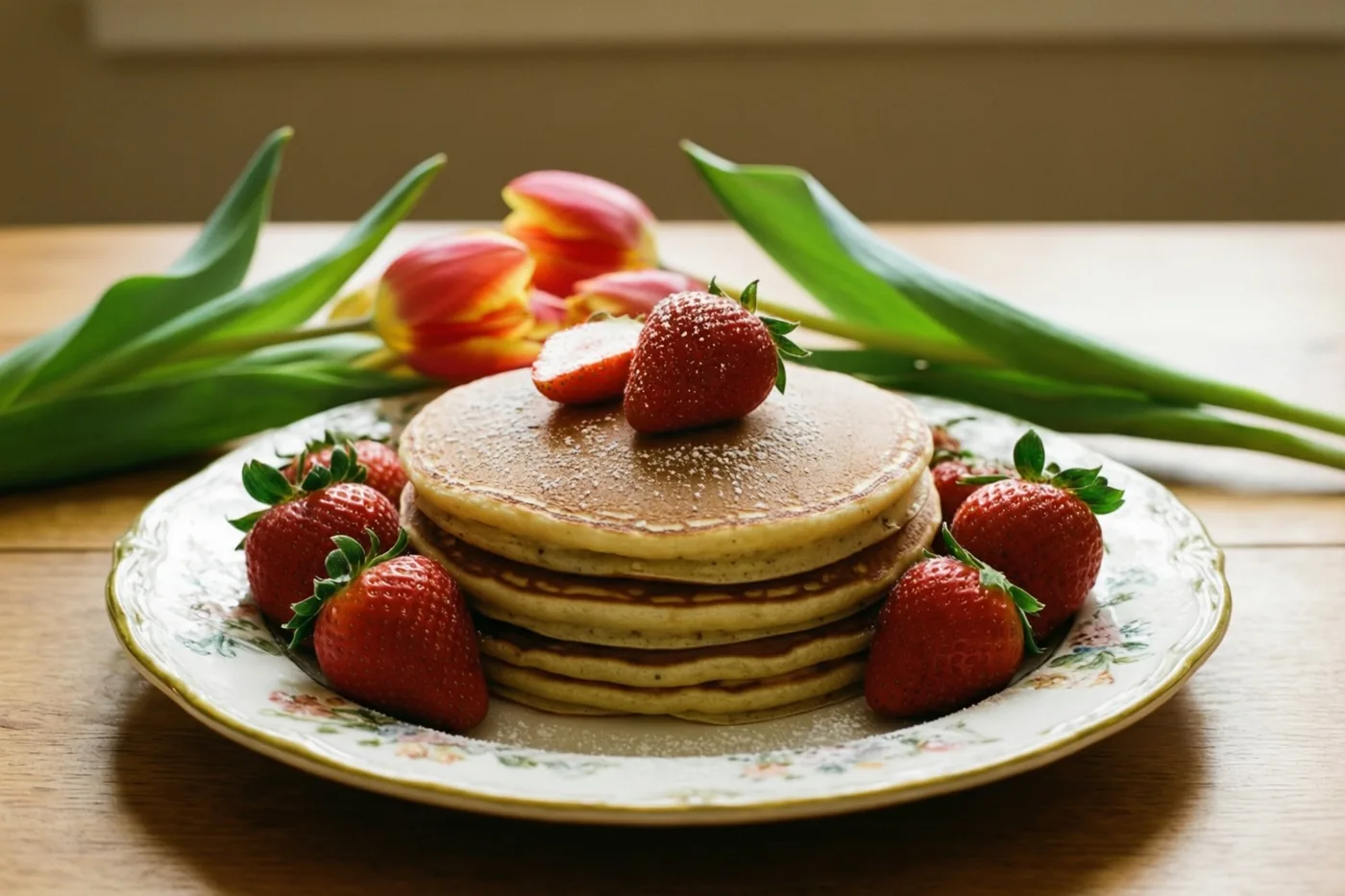 Een stapel goudkleurige pannenkoeken met een hele aardbei en poedersuiker staat op een gebloemd bord tussen verse aardbeien, met rode en gele tulpen op de achtergrond.