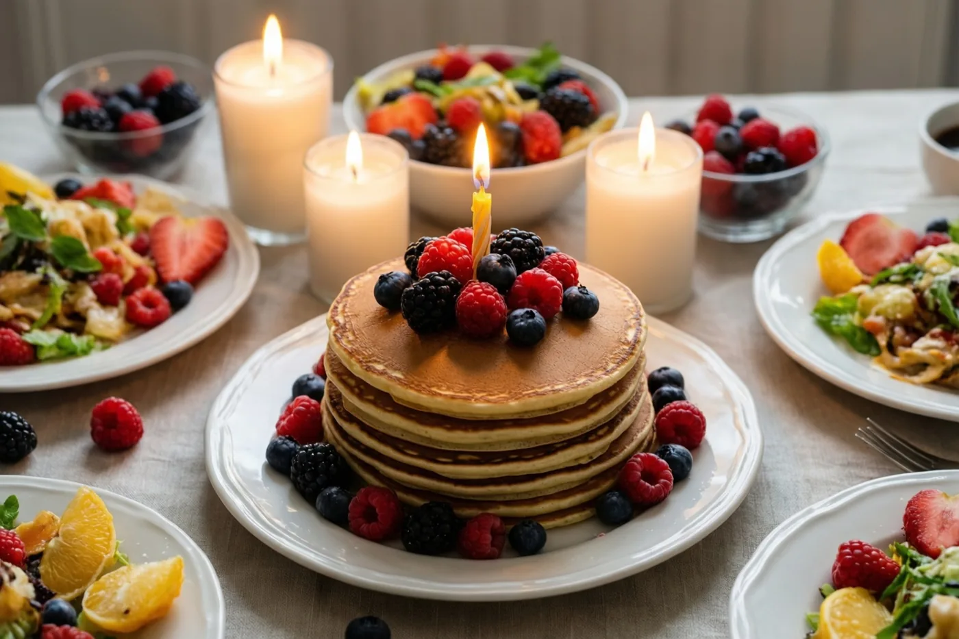 Op een ontbijttafel met borden fruit, salade en brandende kaarsen staat een wit bord met een hoge stapel goudbruine pannenkoeken, bessen en één brandend kaarsje.