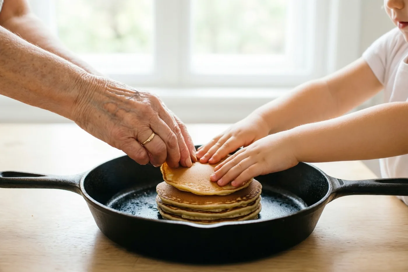 De handen van een oudere persoon en een klein kind stapelen samen pannenkoeken in een zwarte gietijzeren pan op een houten tafel, met daglicht van een raam op de achtergrond.